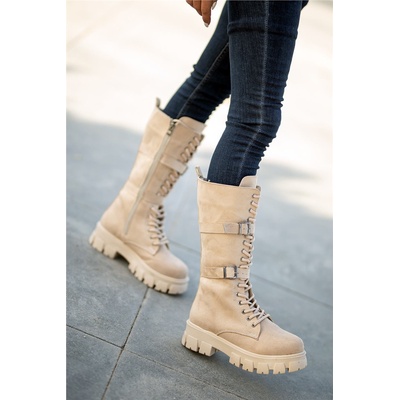 Base Дамски велурени ботуши с цип и връзки - Бежови #362377 (362377_Бежов)