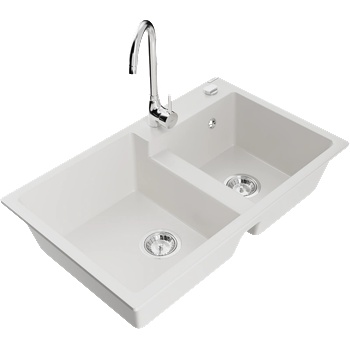 Mexen Tomas гранитна мивка с 2 отделения и кухненски смесител Telma, бял - 6516-20-670200-00 (6516-20-670200-00)