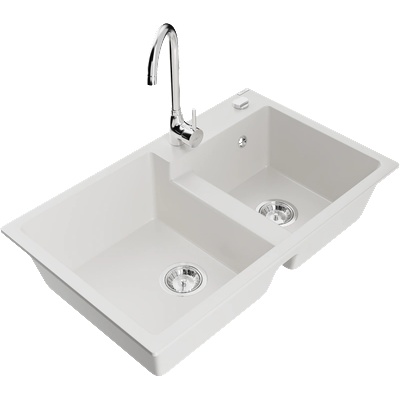 Mexen Tomas гранитна мивка с 2 отделения и кухненски смесител Telma, бял - 6516-20-670200-00 (6516-20-670200-00)