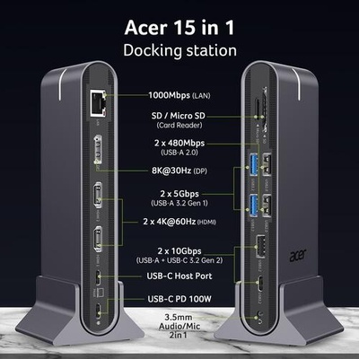 Acer Type C Universal docking station 15in1, 2 x HDMI 4K@60Hz, 1 x DP 8k@30Hz, 5 x USB A, 1 x USB C, (HP.DSCAB.022)