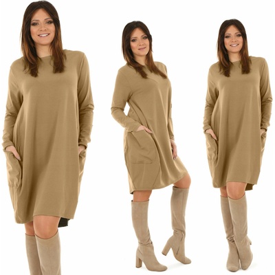 Fashionweek pohodlné teplákové šaty s vreckami tunika rúrka Oversized MF365 Camel