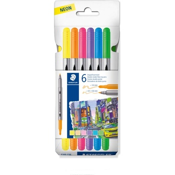 STAEDTLER Флумастри Staedtler 3200, двувърхи, 6 цвята, неон (34184-А)