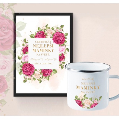 Set plakátu a plecháčku CERTIFIKÁT NEJLEPŠÍ MAMINKY Rozměr plakátu: A3 (29,7 x 42 cm), Rámeček: Černý rámeček
