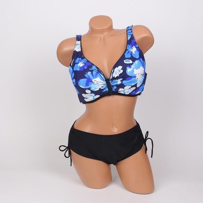 Дамски бански в тъмносиньо и черно с цветя от две части