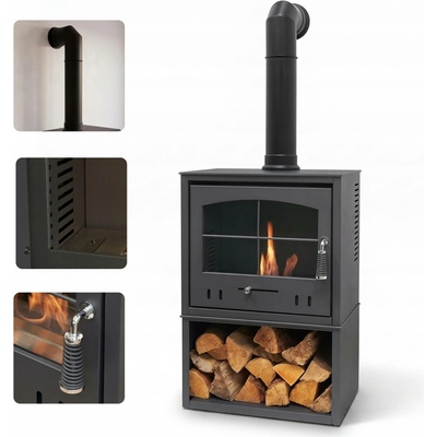 OKO S4 Bio Ethanol Stove with Log Storage with Tall Angled Stove Pipe