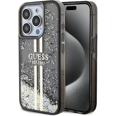 GUESS Liquid Glitter Gold Stripe Case - дизайнерски кейс с висока защита за iPhone 15 Pro Max (черен)