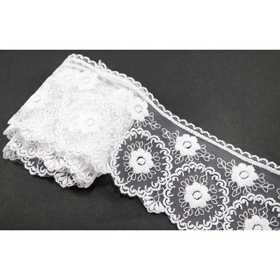 Polyesterová vyšívaná čipka - biela - šírka 6,8 cm