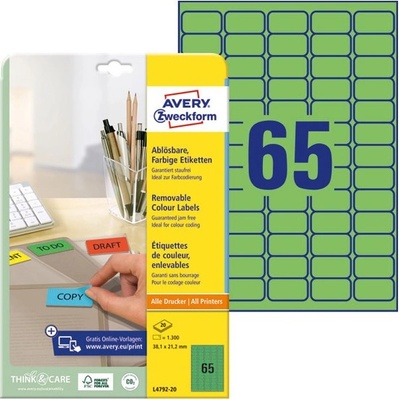 AVERY Етикет AVERY L4792-20 38, 1x21, 2mm зелен 1300 етикета/кутия 20 листа/кутия (L4792-20)