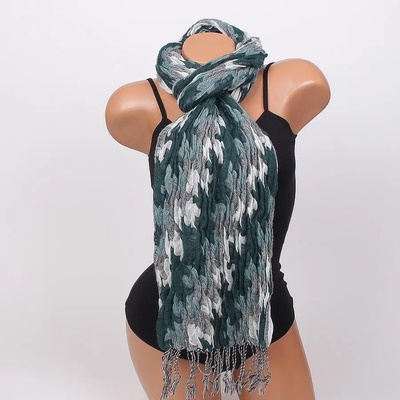 Дамски шал в петролено, бяло и сиво с ресни
