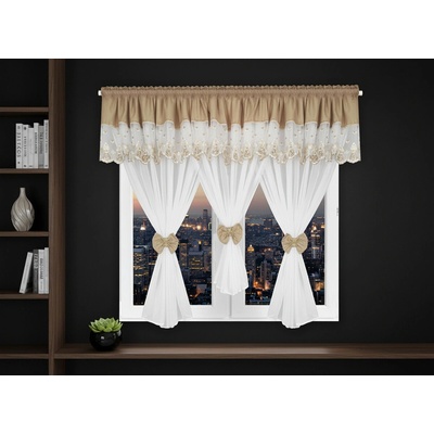 Dekorační krátká záclona s ozdobnou lambrekýnou s krajkou s řasící páskou FRANCIS bílá/béžová 400x150 cm MyBestHome