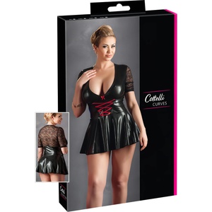 Cottelli Collection Plus Size - лъскава рокля с червен корсет - черна - XXXL