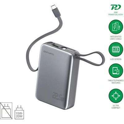 Външна батерия с вградени USB-C кабели, USB-A и USB-C портове - 4smarts Pocket Dual Cord 20000mAh 22.5W (тъмносив) (541626)