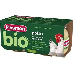 PLASMON Био пюре Plasmon - Пиле със зелен фасул и тиквички, 6 м+, 2 х 80 g (1034) - baby