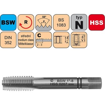 NÁSTROJE CZ Závitník sadový BSW 1-1/2"-6 II střední HSS DIN 352 - CZZ0207-BSW-1-1/2"-6-II