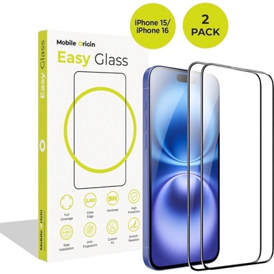 Mobile Origin 2 броя калени стъклени защитни покрития за дисплея на iPhone 16, iPhone 15 - Mobile Origin EasyGlass Full Cover Tempered Glass 2 Pack (черен-прозрачен) (FRL-EG-i16-2pk)