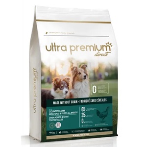 Ultra Premium Direct Country farm Adult dog puppy all breeds - суха храна за кученца и пораснали кучета от всички породи, без зърно, 65% месо и месни съставки, пиле и прасе, 4 кг, Франция GF0401