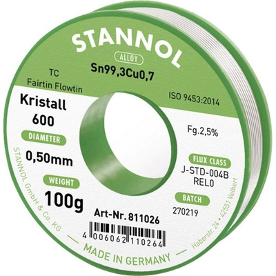 Stannol Kristall 600 Fairtin bezolovnatý pájecí cín bez olova Sn99,3Cu0,7 REL0 100 g 0.5 mm