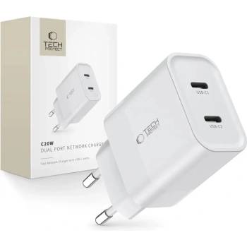 Tech-Protect Адаптер Tech-Protect C20W, 2x USB-C, PD 20W, бял