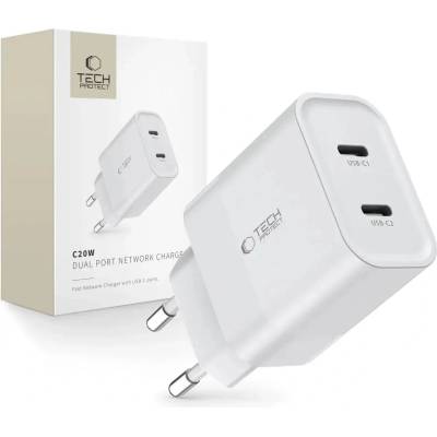 Tech-Protect Адаптер Tech-Protect C20W, 2x USB-C, PD 20W, бял
