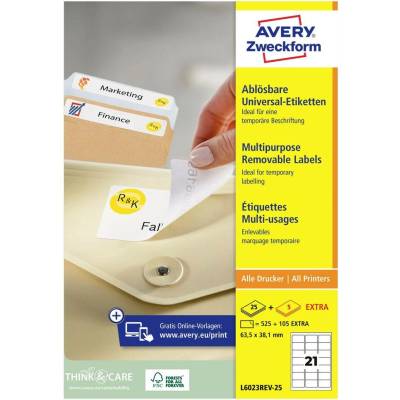 Avery-Zweckform L6023REV-25 etikety 63.5 x 38.1 mm papier biela 630 ks premiestniteľné univerzálne etikety atrament, laser, kópie; L6023REV-25