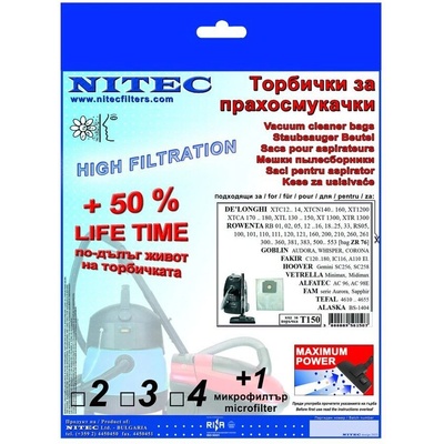 NITEK Торбички за прахосмукачки - код Т150 ALASKA, ALFATEC, DELONGHI, DOMOTEC, EMER Electrodomestici, FAKIR, FAM, FAMULUS, GOBLIN, HOOVER, HOLLANDIA, KONIG, LLOYDS, NOVA, OMEGA, ROWENTA, TEFAL, VETRELLA (Т150)