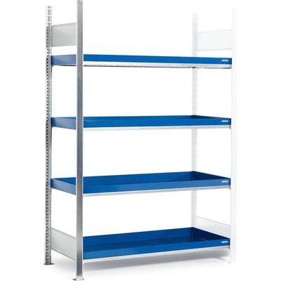 DENIOS Regál na malé nádoby, nadstavné pole, 4 lakované záchytné vane, 1312x437x2000mm