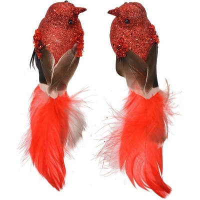 2ks červená dekorace ptáček s peříčky na klipu - 16*5*5 cm - Clayre & Eef