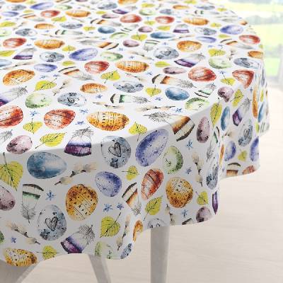 Biante Veľkonočný teflónový okrúhly obrus TF-075 Farebné kraslice a pierka na bielom Ø 110 cm