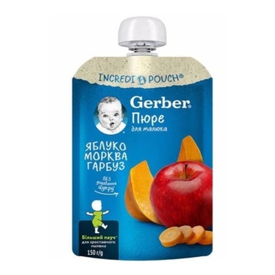 Gerber Био пауч за бебета с ябълки, моркови и тиква 150г