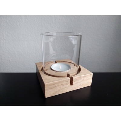 DT GLASS Svícen hladký válec průměr 70 na dubové kvádrové podstavě žádné dub lakovaný (světlejší tón)