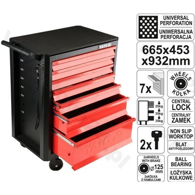 YATO-09000 Skříňka dílenská pojízdná, 7 zásuvek, černo/červená,