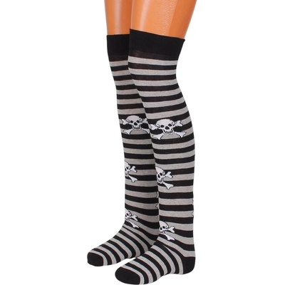 Дамски 7/8 чорапи на райе в сиво и черно с черепи