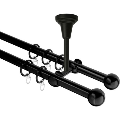 OK-GarnýžeCZ Garnýž kovová dvouřadá 16mm Koule černá 220 cm do stropu / kroužky s háčkem