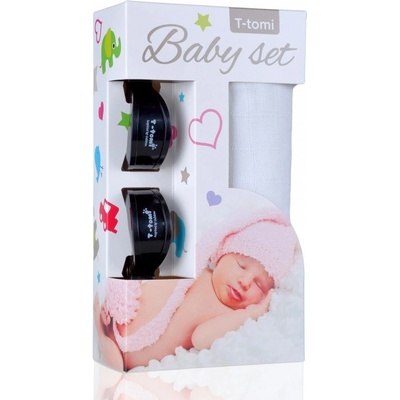 T-Tomi Baby set bambusová osuška white / bílá + kočárkový kolíček black / černá 321