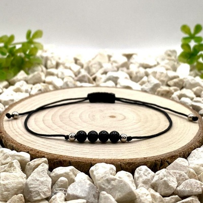 Certom Provázkový náramek s černým obsidiánem a stříbrem 0486