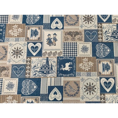 Dekoračná žakárová látka PATCHWORK SRDCE MODRÉ šírka 280 cm