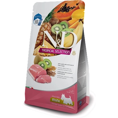 Farmina N&D Tropical Selection Dog Adult MINI Pork and Tropical fruits - Пълноценна суха храна за кучета над 1 година от дребни породи, със свинско, спелта, овес и тропически плодове, 1.5 кг