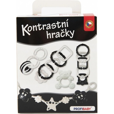 Profibaby kontrastní hračky plast chrastítko hryzátko zábrana na kočárek v krabičce 15x18x6 cm