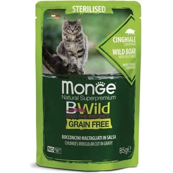 Monge BWILD Grain Free Sterilised с глиганско и зеленчуци - пауч с хапки в сос, без зърнени храни - за кастрирани котки в зряла възраст 85 гр