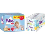 pufies Пелени гащи Pufies Supreme - Размер 6 Extra Large, 90 брой, 15+ kg, 3 x Value Pack + Мокри кърпички Pufies Chamomile Care, 12 x 64 броя - baby