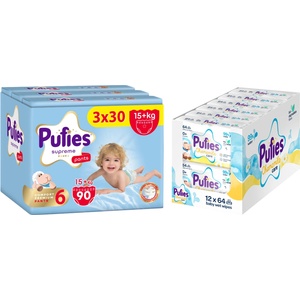 pufies Пелени гащи Pufies Supreme - Размер 6 Extra Large, 90 брой, 15+ kg, 3 x Value Pack + Мокри кърпички Pufies Chamomile Care, 12 x 64 броя - baby