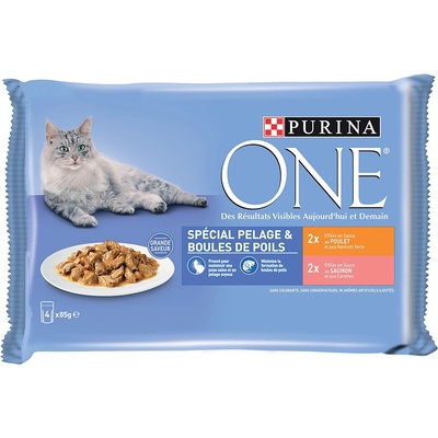 ONE 4х85г Coat & Hairball Purina ONE, консервирана храна за котки - с пиле и сьомга