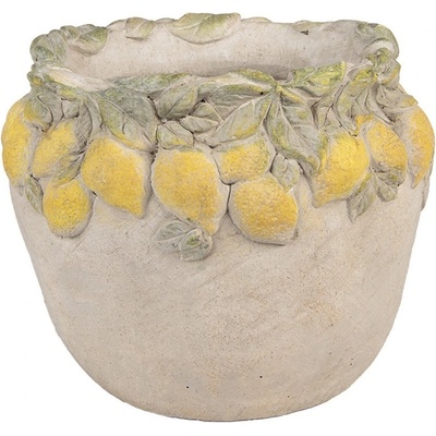 Clayre & Eef Béžový antik cementový květináč lemovaný citróny Lemoni 22x19 cm