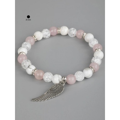 Prosperk Exkluzivní náramek z korálků růženínu magnezitu a pukaného křišťálu s přívěskem andělského křídla b S2829