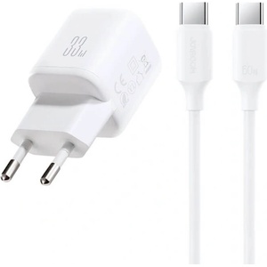 JOYROOM Захранване за ел. мрежа с USB-A и USB-C изходи и технология за бързо зареждане и USB-C към USB-C кабел - Joyroom JR-TG7 Fast Wall Charger 33W With USB-C Cable (бял) (JR-TG7 C-C 1m white)