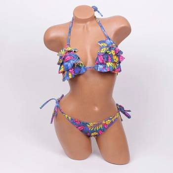 Image 1 of Нежен и свеж бански с триъгълни чашки в синьо и цветни листа