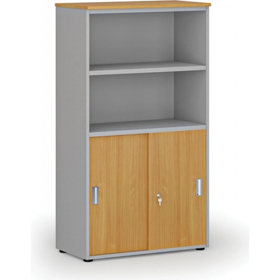 Primo Kombinovaná kancelárska skriňa GRAY, zasúvacie dvere na 2 poschodia, 1434 x 800 x 420 mm, sivá/buk