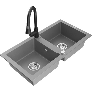 Mexen Mario гранитна мивка с 2 камери с кухненски смесител Elia, сив - 6504-71-670101-70 (6504-71-670101-70)