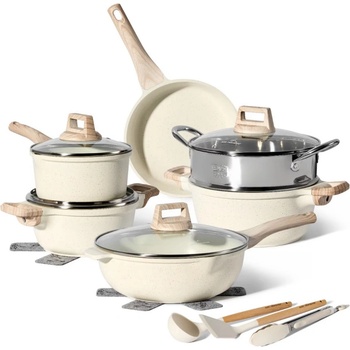 Just Perfecto Комплект тенджери и тигани Just Perfecto JL-779, 15 ч, Отливка, Мраморно покритие, Индукция, Съд за готвене на пара, Аксесоари, Бежов (JL-779 beige)