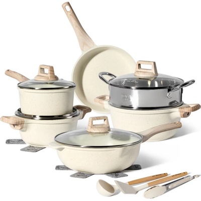 Just Perfecto Комплект тенджери и тигани Just Perfecto JL-779, 15 ч, Отливка, Мраморно покритие, Индукция, Съд за готвене на пара, Аксесоари, Бежов (JL-779 beige)